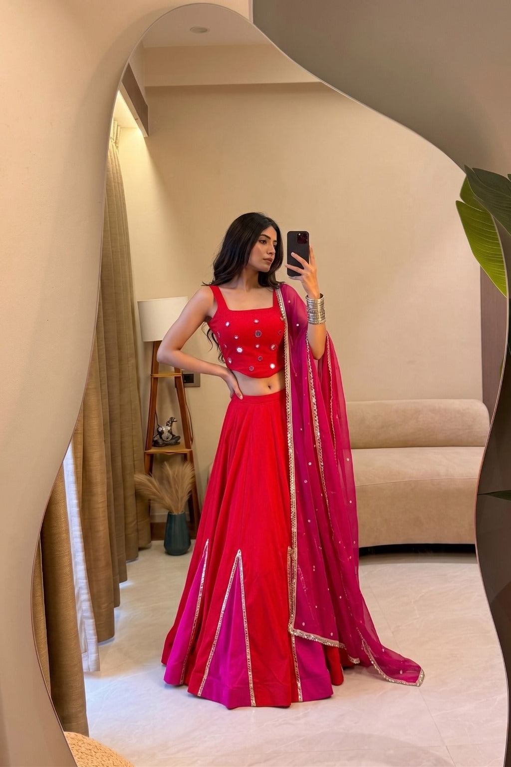Ready-to-wear Navratri lehenga choli with mirror work and flowing pink dupatta