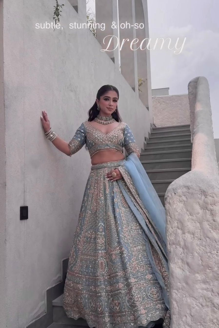 Slate blue Indian lehenga choli with detailed sequin, dori and zari work