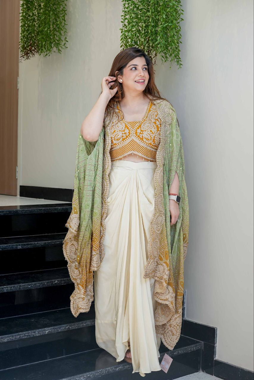 Three-piece Indian dhoti set with embroidered blouse, Chinon silk dhoti and Bandhani print shrug