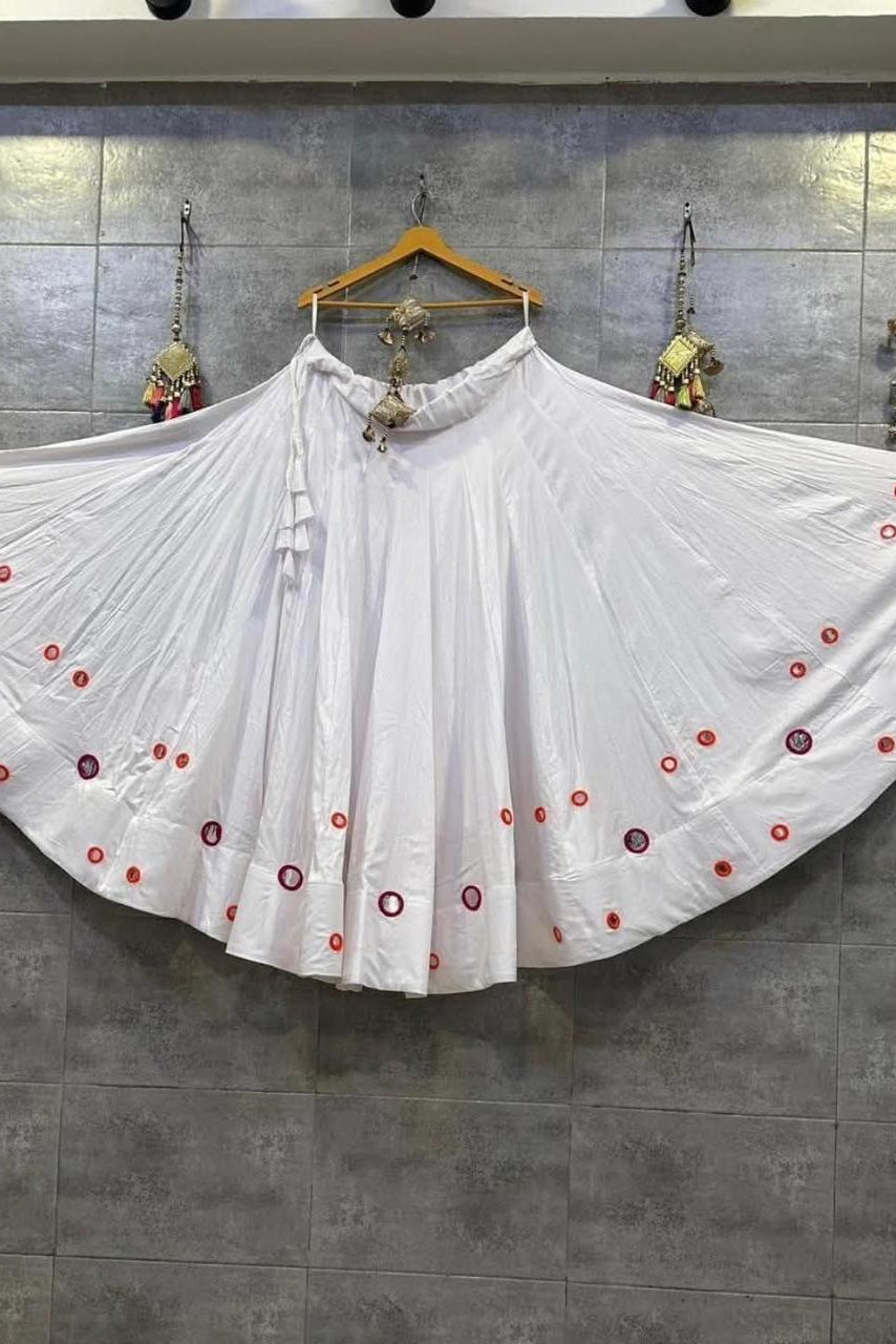 White Indian Chaniya Choli set with rayon cotton skirt and mirror-work dupatta