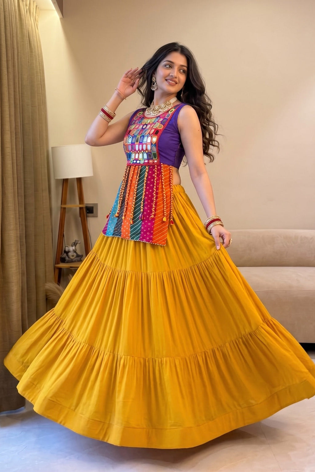 Mustard yellow Garba Chaniya Choli showing its flowing 6-meter flared lehenga